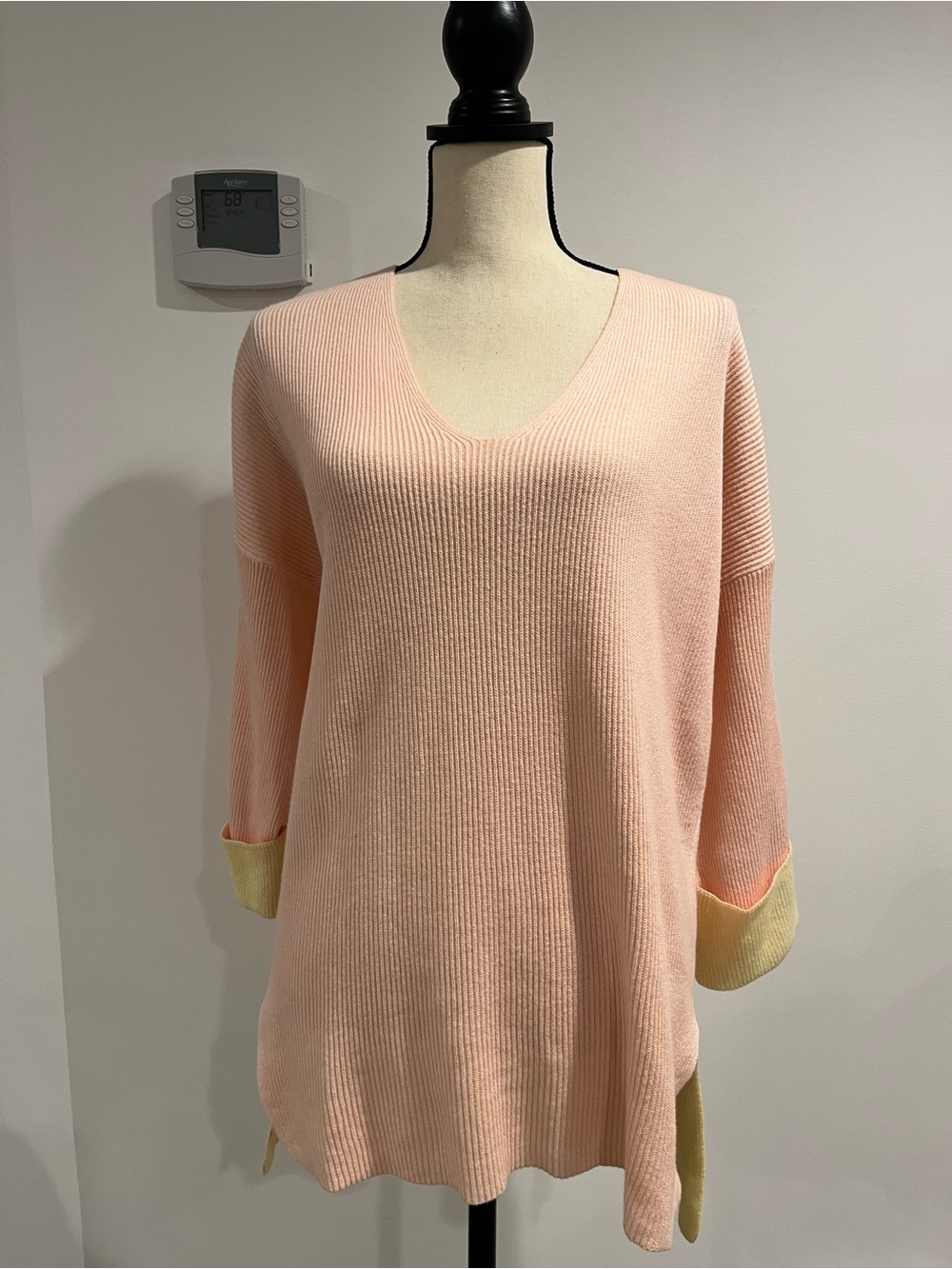 Margaret O'Leary Pale Pink V-Neck Sweater with Soft Yellow Cuffs